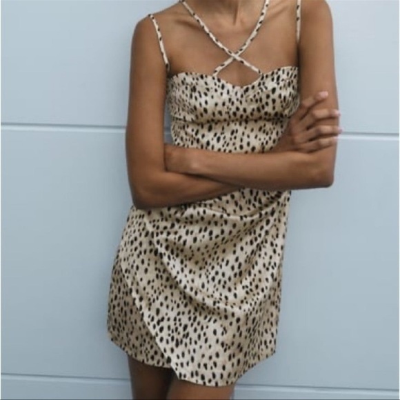 Zara Satin Leopard Print Strappy Cross Front Draped Skirt Mini Dress - Picture 3 of 8